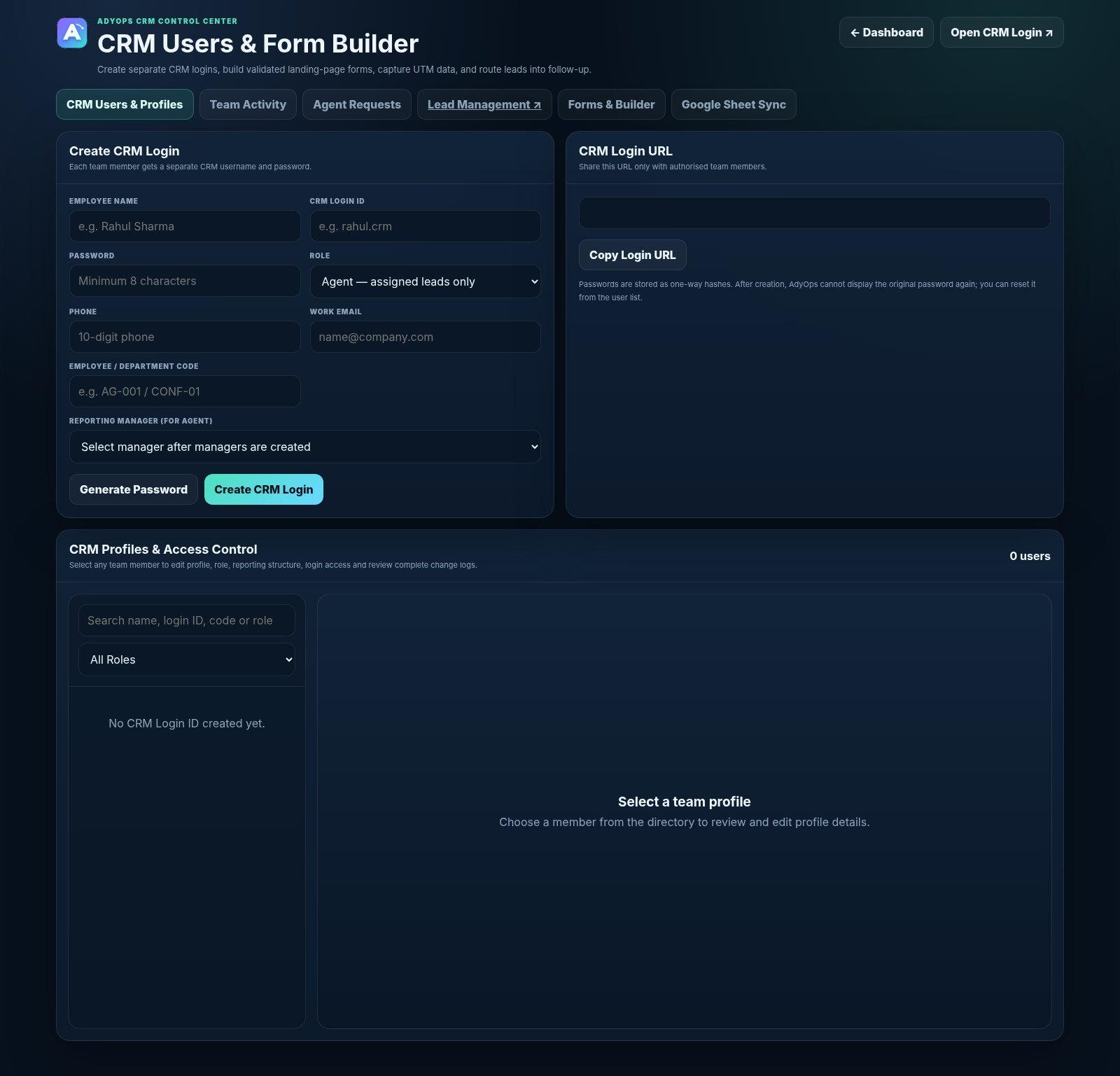 Actual AdyOps Form builder, embed code and webhooks interface