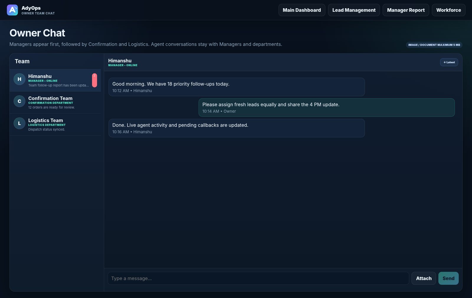 Actual AdyOps Live chat and operational coordination interface