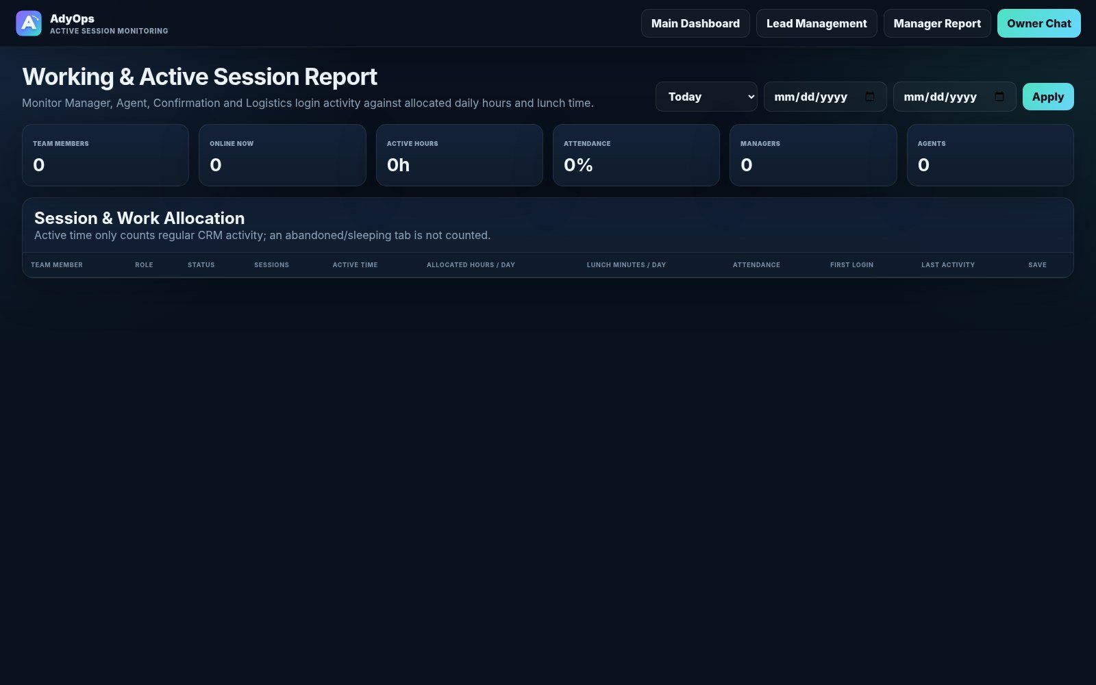 Actual AdyOps Live team tracking and working sessions interface
